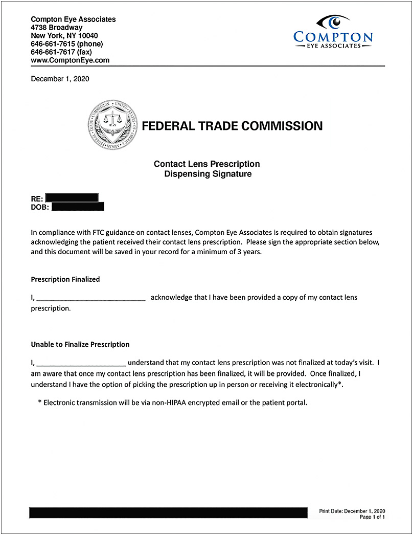 The form Compton Eye Associates uses for compliance with the new regulation.Image courtesy of Dr. Jason Compton.